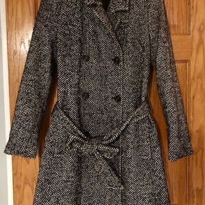 Express Black & White Herringbone Belted Coat | Size Small